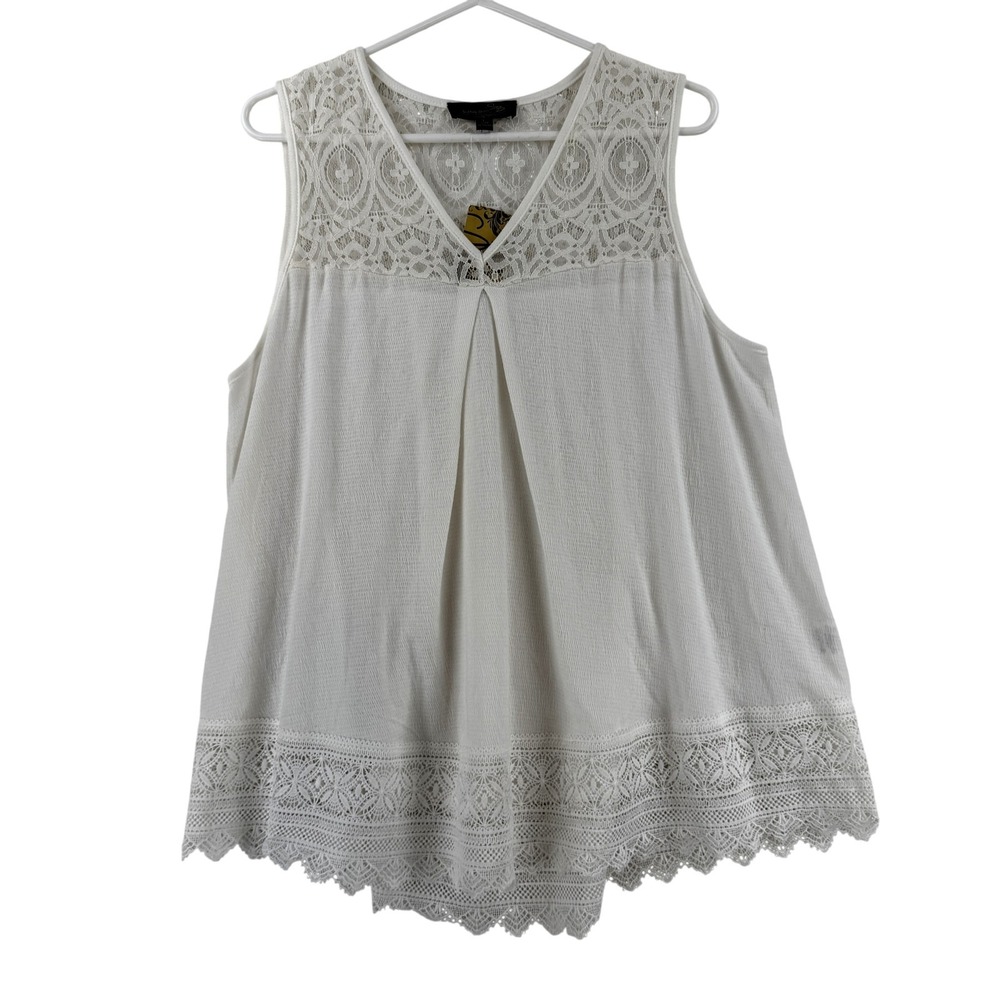 Suzanne Betro Tank Top Womens Large‎ White Lace Trim V Neck Tunic Sleeveless NWT